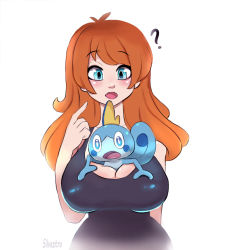 Rule 34 | 1girl, ?, animal, animal between breasts, artist name, between breasts, blue eyes, breasts, creatures (company), eyebrows, game freak, gen 8 pokemon, large breasts, long hair, nintendo, open mouth, orange hair, original, pokemon, pokemon (creature), pokemon swsh, shirt, silveztra, simple background, smile, sobble, tail, white background