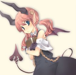 Rule 34 | 1girl, bare shoulders, bat wings, blue eyes, book, demon girl, demon tail, dress, female focus, gloves, gradient background, hair ornament, hip focus, horns, monorino, original, pink hair, pointy ears, solo, tail, twintails, wide hips, wings