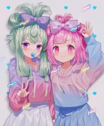 Rule 34 | 2girls, blue skirt, bow, cinnamiku hairstyle, commentary, cowboy shot, cropped hoodie, drawstring, folded twintails, fuinagi (huyuu mm), gradient clothes, green hair, hair bow, highres, hood, hood down, hoodie, kusanagi nene, long sleeves, multiple girls, ok sign, ootori emu, pink eyes, pink hair, pleated skirt, project sekai, purple bow, purple eyes, sanrio, skirt, symbol-only commentary, two side up, v
