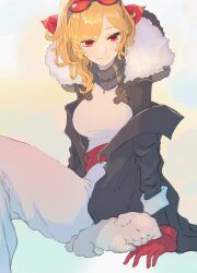 Rule 34 | 1girl, absurdres, asymmetrical hair, belt, black coat, black scarf, blonde hair, breasts, closed mouth, coat, commentary, dog, dress, english commentary, eyewear on head, feet out of frame, fur-trimmed hood, fur trim, futomoy, gloves, hair ribbon, highres, hololive, hololive indonesia, hood, hooded coat, kaela kovalskia, long sleeves, looking down, medium breasts, medium hair, mixed-language commentary, parted bangs, red-tinted eyewear, red belt, red eyes, red gloves, red ribbon, ribbon, scarf, sitting, smile, solo, sunglasses, tinted eyewear, virtual youtuber, white dress