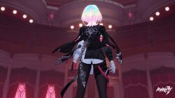 Rule 34 | 1girl, bandaged fingers, bandaged hand, bandages, black gloves, black jacket, black pantyhose, blue hair, chain, commentary, cowboy shot, earrings, english commentary, facing ahead, from behind, gloves, highres, holster, honkai (series), honkai impact 3rd, indoors, jacket, jewelry, lantern, lantern (honkai impact), logo, medium hair, multicolored hair, official art, official wallpaper, pantyhose, pink hair, pinstripe jacket, pinstripe pattern, red gloves, shirt, single glove, solo, standing, thigh holster, thigh strap, two-tone gloves, white shirt