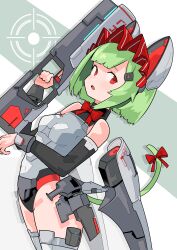 Rule 34 | 1girl, absurdres, animal ears, armored legwear, artery gear, artery gear: fusion, bare shoulders, bodysuit, breasts, cat ears, cat tail, detached sleeves, green hair, green tail, grey bodysuit, gun, highres, holding, holding gun, holding weapon, maid headdress, mechanical ears, medium hair, meko (artery gear), neck ribbon, red eyes, red headwear, red ribbon, ribbon, rigging, sidelocks, skin tight, small breasts, solo, tail, tail ornament, tail ribbon, watasi ch3, weapon