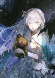 Rule 34 | 1girl, anastasia (fate), artist name, blue eyes, cape, crown, doll, dress, earrings, eyes visible through hair, fate/grand order, fate (series), gem, hair over one eye, hairband, holding, holding doll, jewelry, kim eb, long hair, looking at viewer, mini crown, open mouth, pendant, royal robe, single earring, snowflakes, snowing, solo, teeth, twitter username, very long hair, viy (fate), white hair