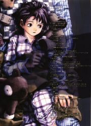 Rule 34 | 1990s (style), 1girl, abe yoshitoshi, absurdres, artbook, bed, brown eyes, brown hair, cellphone, female focus, highres, indoors, iwakura lain, looking back, lying, official art, pajamas, phone, plaid, retro artstyle, scan, serial experiments lain, short hair, solo, striped, stuffed animal, stuffed toy, teddy bear, translation request