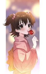 Rule 34 | 1girl, akagi miria, black hair, blurry, blurry background, blush, brown eyes, candy apple, commentary request, dddd akagi, food, hair bobbles, hair ornament, highres, idolmaster, idolmaster cinderella girls, japanese clothes, kimono, pink kimono, short hair, solo, tongue, tongue out, two side up, upper body