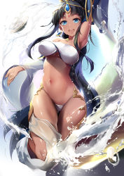 Rule 34 | 1girl, arm up, armpits, bare shoulders, black hair, blue eyes, breasts, character request, commentary request, cup, dark-skinned female, dark skin, detached sleeves, forever 7th capital, gem, gluteal fold, highres, jewelry, large breasts, long hair, looking at viewer, navel, open mouth, panties, see-through, shuffle (songdatiankong), sidelocks, solo, standing, standing on one leg, stomach, tan, teeth, tiara, underwear, upper teeth only, very long hair, water, water drop, white panties, wide sleeves