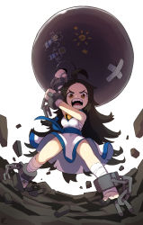 Rule 34 | 1girl, ball and chain (weapon), bandages, bandaged arm, bandaged leg, bandages, barefoot, black hair, broken, broken chain, brown eyes, chain, chain, child&#039;s drawing, commentary request, cuffs, doodle, highres, metal ball, korean commentary, lady chang, long hair, looking at viewer, open mouth, rtari, rubble, shackles, simple background, solo, standing, teeth, the king of fighters, white background