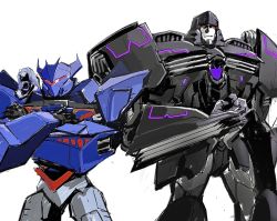Rule 34 | assault visor, crossed arms, decepticon, highres, lizardmancc, looking at viewer, mecha, megatron, open hand, red eyes, robot, shoulder cannon, sketch, soundwave (transformers), the transformers (idw), trait connection, transformers, transformers: earthspark, white background