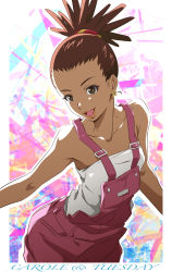 Rule 34 | 1girl, bare shoulders, brown eyes, brown hair, carole &amp; tuesday, carole stanley, collarbone, commentary, dark skin, dark-skinned female, dated, earrings, highres, jewelry, lipstick, looking at viewer, makeup, nii manabu, open mouth, overalls, pants, signature, smile, solo, strapless, suspenders, tube top, upper body