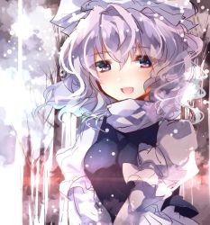Rule 34 | 1girl, asada sadao, bad id, bad twitter id, blue eyes, blush, colorized, hat, letty whiterock, light purple hair, long sleeves, looking at viewer, open mouth, puffy sleeves, shirt, short hair, sketch, smile, snowing, solo, touhou, turtleneck, upper body, vest