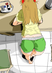 Rule 34 | 1girl, absurdres, arm rest, ass, ass focus, bare legs, barefoot, brown hair, casual, desk, eywy4324, hair ornament, highres, long hair, neon genesis evangelion, ryona, shiny clothes, shirt, short shorts, shorts, skin tight, solo, souryuu asuka langley, standing, two side up, very long hair, yellow shirt