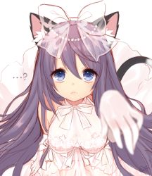 Rule 34 | ..., 1girl, ?, animal ears, arm up, bad id, bad pixiv id, bare shoulders, blue eyes, blurry, bow, breasts, byulzzi, cat ears, cat tail, cleavage, depth of field, dress, elbow gloves, foreshortening, gloves, hair bow, lace, long hair, looking at viewer, purple hair, revision, see-through, simple background, solo, tail, tareme, transparent, unleashed, very long hair, wedding dress, white background