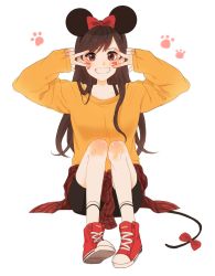 Rule 34 | 1girl, :d, animal ears, bad id, bad twitter id, bike shorts, black hair, black shorts, body blush, bow, brown eyes, brown hair, clothes around waist, collarbone, cross-laced footwear, d.va (overwatch), disney, double v, facepaint, facial mark, fake animal ears, fingernails, grin, hair bow, hairband, hands up, highres, jacket, jacket around waist, long sleeves, looking at viewer, matching hair/eyes, mickey mouse, mouse ears, mouse tail, open mouth, overwatch, overwatch 1, paw print, perio 67, plaid, plaid jacket, red bow, red footwear, shirt, shoes, shorts, simple background, sitting, sleeves past wrists, smile, sneakers, solo, tail, tail bow, tail ornament, teeth, v, whisker markings, white background, yellow shirt