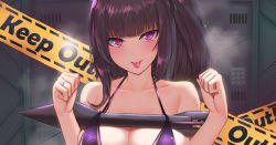 Rule 34 | 1girl, architect (girls&#039; frontline), arms up, bare shoulders, bikini, black hair, blush, breasts, caution tape, cleavage, closed mouth, collarbone, girls&#039; frontline, jewelry, keep out, long hair, looking at viewer, medium breasts, popoman, purple bikini, purple eyes, ring, rocket, sangvis ferri, smile, solo, sweatdrop, swimsuit, tongue, tongue out, upper body