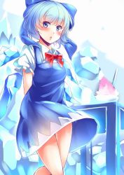 Rule 34 | 1girl, :o, arms behind back, bare legs, blue bow, blue dress, blue eyes, blue hair, blush, bow, bowtie, cirno, collared shirt, cowboy shot, crystal, dress, eyebrows, frilled sleeves, frills, hair bow, highres, ice, ice wings, kanzakietc, looking at viewer, matching hair/eyes, open mouth, puffy short sleeves, puffy sleeves, red bow, red bowtie, shirt, short hair, short sleeves, solo, tareme, touhou, walking, wing collar, wings