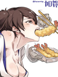 Rule 34 | 10s, 1girl, breasts, brown eyes, brown hair, character name, chopsticks, clothes down, feeding, food, highres, kaga (kancolle), kantai collection, large breasts, open mouth, personification, sexually suggestive, short hair, shrimp, shrimp tempura, side ponytail, simple background, solo, super zombie, tempura, twitter username, white background