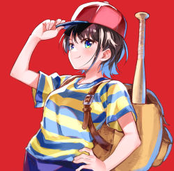 Rule 34 | 1girl, backpack, bag, baseball bat, baseball cap, blue eyes, brown hair, commentary request, cosplay, hand on headwear, hand on own hip, hat, hololive, looking at viewer, mother (game), mother 2, ness (mother 2), ness (mother 2) (cosplay), nintendo, oozora subaru, red background, sakino shingetsu, shirt, short hair, short sleeves, smile, solo, striped clothes, striped shirt, virtual youtuber