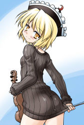 Rule 34 | 1girl, akou roushi, alternate costume, ass, blonde hair, blush, bottomless, crescent, female focus, hat, instrument, looking at viewer, looking back, lunasa prismriver, naked sweater, no pants, ribbed sweater, short hair, smile, solo, sweater, touhou, violin, yellow eyes