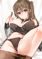 Rule 34 | 1girl, badariki, blush, breasts, brown eyes, brown hair, brown pantyhose, closed mouth, clothes pull, cum, cum on body, cum on breasts, cum on upper body, facial, girls&#039; frontline, hair between eyes, hair ornament, hairclip, hand up, highres, k2 (girls&#039; frontline), knee up, large breasts, long hair, looking at viewer, lying, navel, nipples, on back, one side up, pantyhose, pantyhose pull, solo, thighs