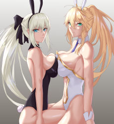 Rule 34 | 2girls, absurdres, animal ears, artoria pendragon (all), artoria pendragon (fate), artoria pendragon (swimsuit ruler) (fate), asymmetrical docking, black bow, blue eyes, blue necktie, bow, braid, breast press, closed mouth, fate/grand order, fate (series), freed turing, french braid, gradient background, green eyes, highleg, highleg leotard, highres, leotard, light smile, looking at viewer, morgan le fay (fate), multiple girls, necktie, platinum blonde hair, playboy bunny, rabbit ears, rabbit tail, short necktie, siblings, sisters, tiara, white leotard, wrist cuffs