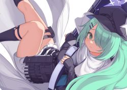 Rule 34 | 1girl, black hat, black socks, blue archive, closed mouth, dagger, green eyes, green hair, hair ornament, hairclip, hat, highres, hiyori (blue archive), klaius, knife, legwear garter, long hair, long sleeves, looking at viewer, one side up, pouch, sitting, skirt, socks, solo, thigh pouch, thigh strap, weapon, white skirt