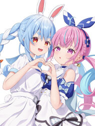 Rule 34 | 2girls, ahoge, animal ears, belt, blue hair, blue neckerchief, blush, bow hairband, braid, breasts, commentary, cowboy shot, dress, extra ears, french braid, hairband, hand up, hashtag-only commentary, heart, heart hands, heart hands duo, highres, hololive, kag tsukimi, long hair, looking at viewer, minato aqua, minato aqua (aqua iro in wonder land), multicolored hair, multiple girls, neckerchief, official alternate costume, open mouth, parted lips, puffy short sleeves, puffy sleeves, purple eyes, purple hair, rabbit-shaped pupils, rabbit ears, rabbit girl, rabbit tail, red eyes, sailor dress, short eyebrows, short sleeves, sidelocks, simple background, small breasts, smile, standing, streaked hair, symbol-shaped pupils, tail, thick eyebrows, twin braids, twintails, two-tone hair, usada pekora, usada pekora (casual), very long hair, virtual youtuber, white background, white belt, white dress, white hair