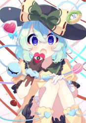 Rule 34 | 1girl, @ @, adapted costume, asymmetrical gloves, black bloomers, black gloves, black hat, bloomers, blue eyes, blue scrunchie, blush, bow, candy, chocolate, collared dress, commentary, doughnut, dress, feet out of frame, food, frilled shirt collar, frilled sleeves, frills, gloves, green bow, green hair, hair between eyes, hands up, hat, hat bow, heart, heart in eye, highres, komeiji koishi, kudamono25253, lollipop, looking at viewer, macaron, medium hair, mismatched gloves, open mouth, puffy short sleeves, puffy sleeves, scrunchie, short sleeves, solo, symbol in eye, thigh strap, third eye, touhou, two-tone bow, underwear, white gloves, yellow bow, yellow dress, yellow footwear