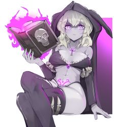 Rule 34 | 1girl, absurdres, bare shoulders, black bra, black cape, black thighhighs, book, bra, breasts, breasts apart, cape, collarbone, colored skin, command spell, commentary request, crossed legs, detached sleeves, energy, feet out of frame, glowing, glowing eyes, glowing tattoo, grey skin, highres, holding, holding book, hood, hooded cape, huge filesize, lich (monster girl encyclopedia), long hair, long sleeves, looking at viewer, magic, medium breasts, monster girl encyclopedia, nanostar, navel, open book, pubic tattoo, purple eyes, sitting, skeletal arm, solo, stomach, tattoo, thighhighs, underwear, white background, white hair