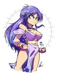 Rule 34 | 1girl, blue hair, breasts, cleavage, clenched hands, dress, fighting stance, green eyes, highres, large breasts, legs, long hair, madou monogatari, puyopuyo, rulue (puyopuyo), sega, serious, thighs