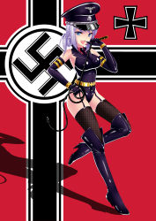 Rule 34 | 1girl, :d, absurdres, bad id, bad pixiv id, blue eyes, elbow gloves, fishnets, garter straps, gloves, hat, highres, holding, leotard, looking at viewer, mizutsuki rei, nazi, open mouth, original, purple hair, smile, swastika, thighhighs, whip