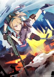 Rule 34 | 1girl, blonde hair, bolt action, commentary, girls&#039; frontline, gloves, gun, hairband, highres, holding, holding gun, holding weapon, long hair, medal, military, military uniform, mineta naoki, ponytail, red eyes, rifle, russian flag, sniper rifle, solo, suppressor, sv-98, sv-98 (girls&#039; frontline), uniform, weapon