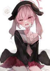 Rule 34 | 1girl, @ @, absurdres, beret, black hat, black serafuku, black wings, blue archive, blush, commentary request, halo, hat, highres, koharu (blue archive), long sleeves, looking at viewer, low wings, medium hair, open mouth, pink eyes, pink hair, pink halo, red skirt, school uniform, serafuku, shion 343, simple background, sitting, skirt, solo, spoken squiggle, squiggle, twintails, white background, winged hat, wings