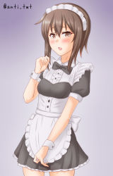 Rule 34 | 1girl, alternate costume, anti (untea9), apron, black neckwear, breasts, brown eyes, brown hair, commentary request, cowboy shot, enmaided, frilled apron, frills, gradient background, highres, kantai collection, looking at viewer, maid, maid headdress, one-hour drawing challenge, purple background, small breasts, solo, taihou (kancolle), white apron, wrist cuffs