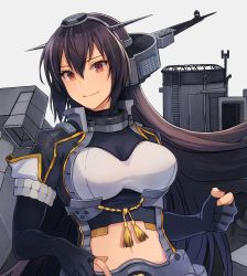 Rule 34 | 1girl, black gloves, breasts, brown hair, closed mouth, elbow gloves, gloves, headgear, highres, kantai collection, kasumi (skchkko), large breasts, long hair, looking at viewer, midriff, nagato (kancolle), partially fingerless gloves, red eyes, shrug (clothing), simple background, smile, solo, tassel, upper body, very long hair, white background