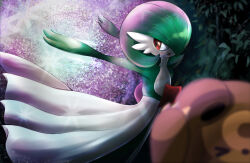 Rule 34 | &gt; &lt;, 1girl, blurry, blurry foreground, bob cut, closed eyes, colored skin, creatures (company), female focus, flat chest, forest, game freak, gardevoir, gen 2 pokemon, gen 3 pokemon, green hair, green skin, hair over one eye, hand on own head, looking back, multicolored skin, namiko xx, nature, nintendo, one eye covered, open mouth, outdoors, pokemon, pokemon (creature), protecting, red eyes, short hair, solo focus, sparkle, standing, teddiursa, two-tone skin, white skin