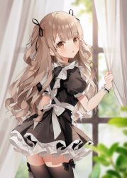 Rule 34 | 1girl, black ribbon, blurry, blurry foreground, blush, bow, brown bow, brown dress, brown eyes, brown thighhighs, commentary, cowboy shot, curtain grab, curtains, dress, from behind, hair ribbon, highres, indoors, light brown hair, light particles, long hair, looking at viewer, looking back, maid, original, parted lips, plant, puffy short sleeves, puffy sleeves, ribbon, short sleeves, solo, standing, symbol-only commentary, thighhighs, two side up, very long hair, weri, window, wrist cuffs