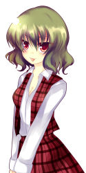 Rule 34 | 1girl, :p, bad id, bad pixiv id, breasts, cleavage, female focus, green hair, highres, kazami yuuka, long hair, medium breasts, plaid, plaid skirt, plaid vest, red eyes, short hair, simple background, skirt, skirt set, solo, tongue, tongue out, touhou, uranaishi (miraura), v arms, vest, white background