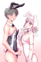 Rule 34 | 1boy, 1girl, :o, alternate costume, animal ears, animal hood, armlet, ass, bare arms, bare shoulders, black bow, black bowtie, black leotard, blunt bangs, blush, bow, bowtie, breasts, brown eyes, cleavage, collarbone, commentary request, cowboy shot, danganronpa (series), danganronpa 2: goodbye despair, detached collar, fake animal ears, fake tail, flipped hair, from side, green eyes, hand up, highres, hinata hajime, hood, hougu (hougu kmh), large breasts, leotard, looking at viewer, looking to the side, multicolored leotard, nanami chiaki, neck ribbon, official alternate costume, open mouth, pectorals, pink hair, playboy bunny, rabbit ears, rabbit hood, rabbit tail, red ribbon, ribbon, shiny clothes, simple background, skindentation, sweatdrop, tail, white leotard