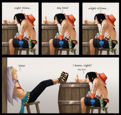 Rule 34 | 2boys, barrel, belt, black hair, blonde hair, comic, fire, footrest, freckles, hat, unworn hat, unworn headwear, highres, jewelry, jolly roger, knife, leaning, male focus, marco (one piece), multiple boys, necklace, one piece, open clothes, open shirt, pirate, portgas d. ace, sad face, sandals, sash, sheath, shirt, sitting, talking, tattoo, topless male
