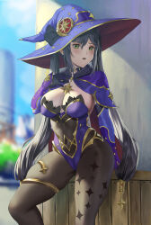 Rule 34 | 1girl, alternate breast size, black hair, breasts, brooch, cameltoe, cleavage, cleft of venus, genshin impact, gloves, gold trim, green eyes, hat, highres, jeneral, jewelry, large breasts, leotard, long hair, looking at viewer, mona (genshin impact), pantyhose, purple leotard, skindentation, solo, thighlet, thighs, twintails, very long hair, witch hat