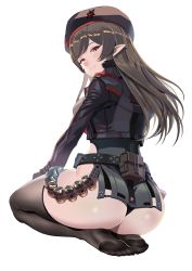 Rule 34 | 1girl, absurdres, alternate costume, ammunition belt, ass, belt, black jacket, black panties, black sleeves, black thighhighs, breasts, brown eyes, brown hair, closed mouth, commentary request, commission, cropped jacket, feet, goddess of victory: nikke, hand on own thigh, hat, highres, jacket, large breasts, long hair, long sleeves, looking at viewer, looking back, no shoes, panties, pointy nose, pouch, rapi (nikke), scvready, sideboob, simple background, sitting, smile, soles, solo, thighhighs, thighs, toes, underwear, wariza, white background