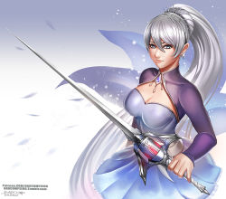 Rule 34 | 1girl, alternate breast size, artist name, badcompzero, blue eyes, breasts, cleavage, dress, earrings, holding, holding sword, holding weapon, jewelry, large breasts, long hair, ponytail, rapier, rwby, scar, scar across eye, scar on face, side ponytail, signature, smile, solo, sword, tiara, watermark, weapon, web address, weiss schnee, white hair