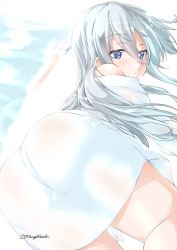 Rule 34 | 1girl, all fours, ass, bare shoulders, blue eyes, commentary request, hibiki (kancolle), kantai collection, looking back, mikage takashi, no headwear, no headwear, silver hair, solo, twitter username