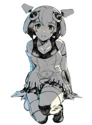 Rule 34 | 10s, 1girl, android, arms at sides, bare shoulders, bike shorts, blush, boots, breasts, cleavage, dimension w, dress, female focus, full body, garter straps, green eyes, hai ookami, headgear, highres, looking at viewer, monochrome, multicolored hair, off-shoulder dress, off shoulder, short hair, simple background, sketch, solo, spot color, streaked hair, thigh boots, thighhighs, two-tone hair, white background, yurizaki mira