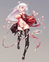 Rule 34 | 1girl, ahoge, areola slip, bad id, bad pixiv id, black panties, black thighhighs, blush, bow, breasts, brown eyes, cherry blossoms, china dress, chinese clothes, clenched hand, covered erect nipples, dk.senie, dress, full body, gradient background, grey background, highres, long hair, navel, nipples, open mouth, original, outstretched arm, panties, petals, shoes, silver hair, solo, thighhighs, torn clothes, torn dress, underwear