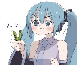 Rule 34 | 1girl, :t, blue eyes, blue hair, blush, clothes pin, commentary, detached sleeves, exercising, hatsune miku, highres, icon 315, long hair, neck, sleeveless, solo, sweat, twintails, upper body, vocaloid, white background, wide sleeves