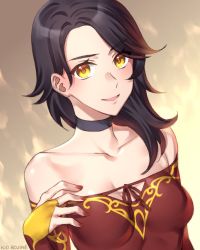 Rule 34 | 1girl, artist name, black hair, choker, cinder fall, commentary request, dress, happy, kio rojine, nail polish, rwby, solo, strapless, strapless dress, yellow eyes