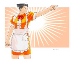 Rule 34 | 1boy, ace attorney, alternate costume, apron, arm up, artist name, black hair, border, bow, bowtie, center frills, closed mouth, collared dress, cowboy shot, crossdressing, dated, dress, forehead, frilled apron, frills, godzillapigeon1, highres, maid, maid apron, male focus, male maid, matching hair/eyes, orange dress, outside border, outstretched arm, phoenix wright, phoenix wright: ace attorney - trials and tribulations, pocket, pointing, puffy short sleeves, puffy sleeves, red bow, red bowtie, short dress, short hair, short sleeves, signature, solo, spiked hair, standing, v-shaped eyebrows, white apron, white border