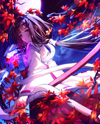 Rule 34 | 1girl, black hair, blunt bangs, blush, bow (weapon), branch, facing away, floating hair, from side, hair tubes, hakama, hakama skirt, highres, holding, holding weapon, inuyasha, japanese clothes, kikyou (inuyasha), leaf, long hair, looking at viewer, miko, moon, night, open mouth, ponytail, red eyes, red hakama, shinidamachuu, skirt, sky, solo, star (sky), starry sky, teeth, weapon, wide sleeves, wind, yorurui sansan