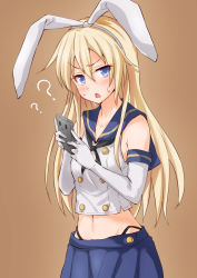 Rule 34 | 1girl, :o, ?, ??, anti (untea9), blue eyes, blue sailor collar, blue skirt, blush, buttons, cellphone, chestnut mouth, collarbone, double-breasted, elbow gloves, gloves, hair ribbon, hairband, highres, holding, holding phone, kantai collection, long hair, navel, orange background, phone, rensouhou-chan, ribbon, sailor collar, school uniform, serafuku, shimakaze (kancolle), shirt, simple background, skirt, sleeveless, sleeveless shirt, smartphone, smartphone case, solo, straight hair, sweatdrop, two-handed, upper body, v-shaped eyebrows, white gloves, white hairband, white ribbon, white shirt